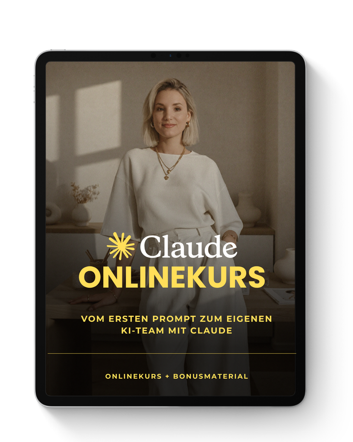 Claude Onlinekurs von Vicky Baumann: vom ersten Prompt zum eigenen KI-Team, auf einem Tablet