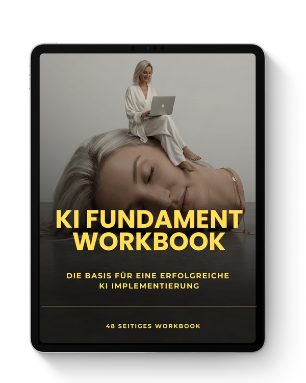 KI-Fundament-Workbook von Vicky Baumann: die Basis für eine erfolgreiche KI-Implementierung, auf einem Tablet