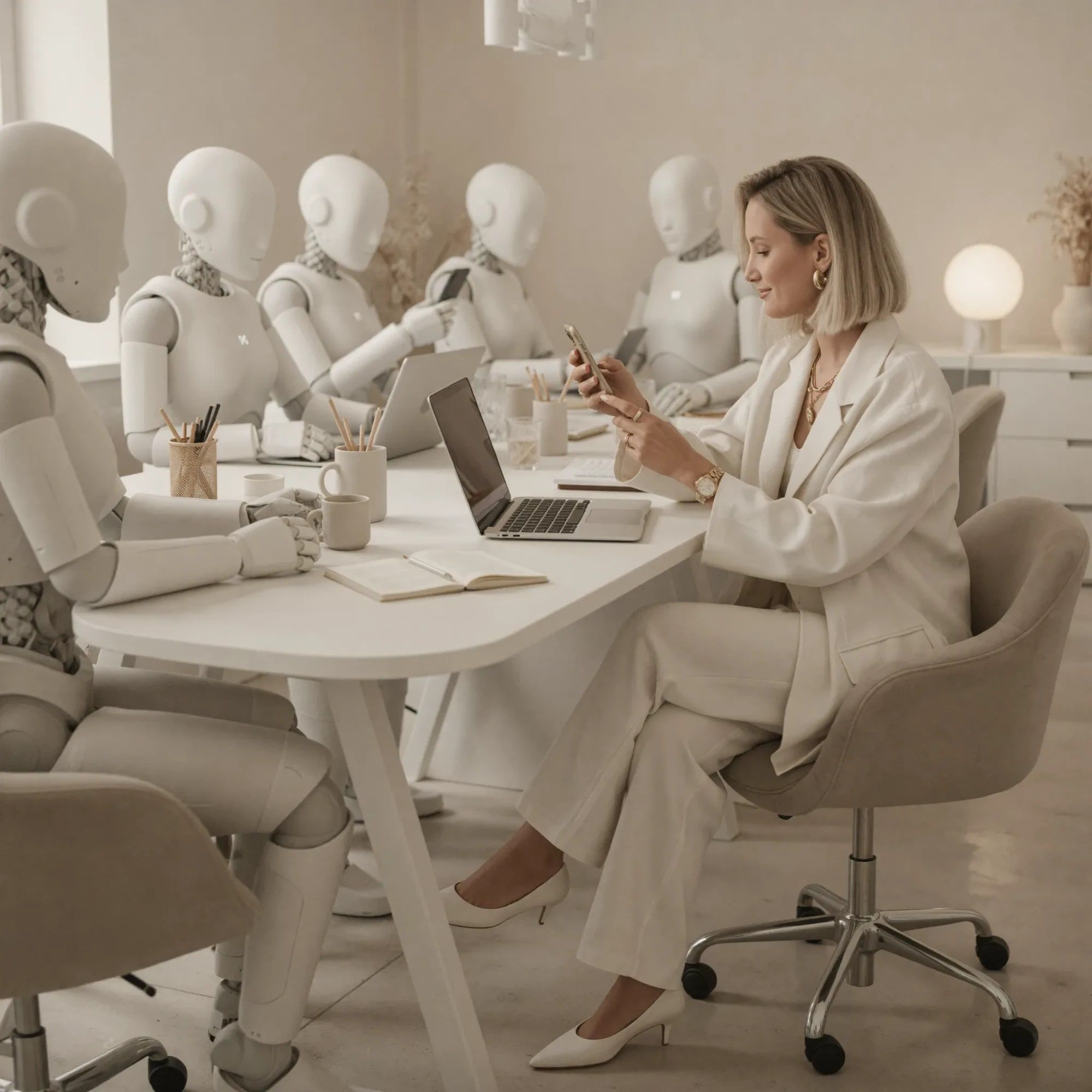 Vicky Baumann sitzt mit dem Smartphone am Tisch, neben ihr arbeitet ihr KI-Team aus Robotern an Laptops